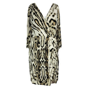 Tahari Dress Womens Sz 8 Beige Black Wrap Leopard Print Long Sleeve Stretch Knit
